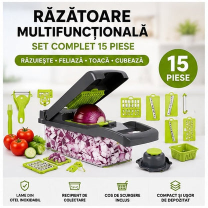 Răzătoare Multifuncțională 15 Piese Lame Inox Bază Ventuză
