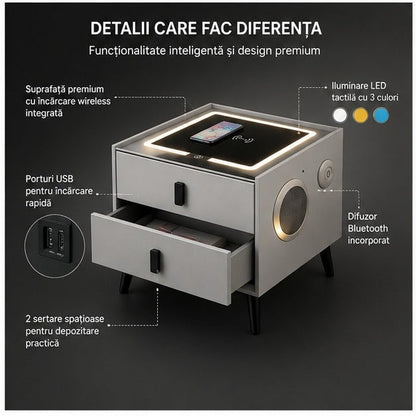 Noptieră smart LED tactil, 2 sertare, încărcare wireless
