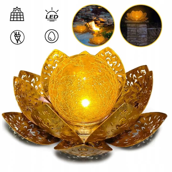 Lampă Solară LED Nufăr Auriu – Iluminare Decorativă pentru Grădină și Terasă