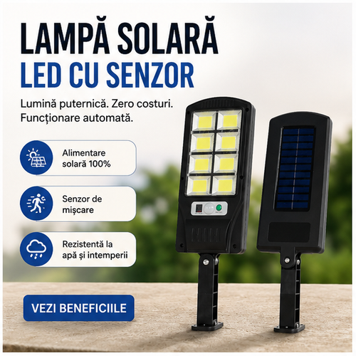 Lampă solară LED cu senzor mișcare, rezistentă la apă