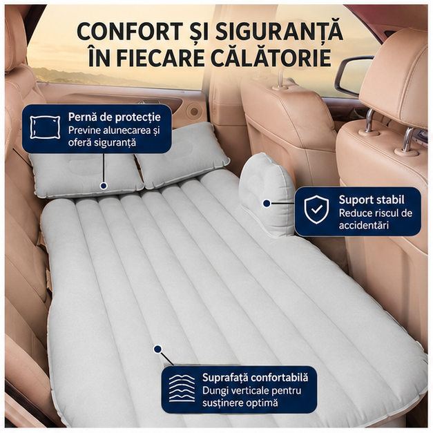 Saltea Auto Gonflabilă cu Pompă și 2 Perne, 130x80cm