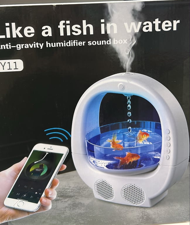 Boxă Bluetooth cu Umidificator Anti-Gravitațional – Design Acvariu, Iluminare Ambientală și Pulverizare Fină