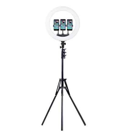 Ring light Lampa circulara LED cu trepied, 46 cm, 3 suporturi de telefon, telecomanda, alimentare