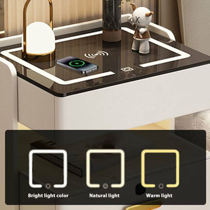 Noptiera inteligenta cu incarcare wireless, iluminare LED, 3 sertare de depozitare-Bej, design modern din sticla si lemn, dim 55x40x50
