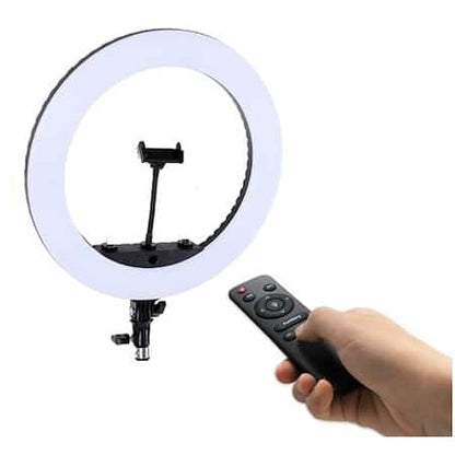 Ring light Lampa circulara LED cu trepied, 46 cm, 3 suporturi de telefon, telecomanda, alimentare