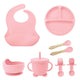 Set Hranire Bebelusi 8 Piese, Diversificare, Silicon, Baveta, Farfurie, Bol cu Ventuze, Lingurita si Furculita, Cana Gustari Culori Roz, Verde, Albastru, GRI