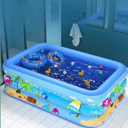 Piscina gonflabila copii, model dreptunghiular, multicolora, baza podea moale, 3 inele, intalare rapida din vinil. DIM 260x165x54