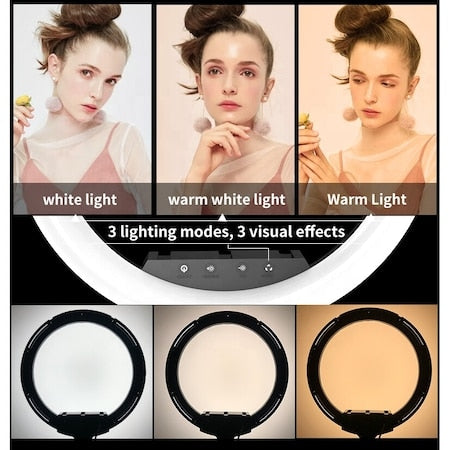 Ring light Lampa circulara LED cu trepied, 46 cm, 3 suporturi de telefon, telecomanda, alimentare
