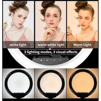 Ring light Lampa circulara LED cu trepied, 46 cm, 3 suporturi de telefon, telecomanda, alimentare