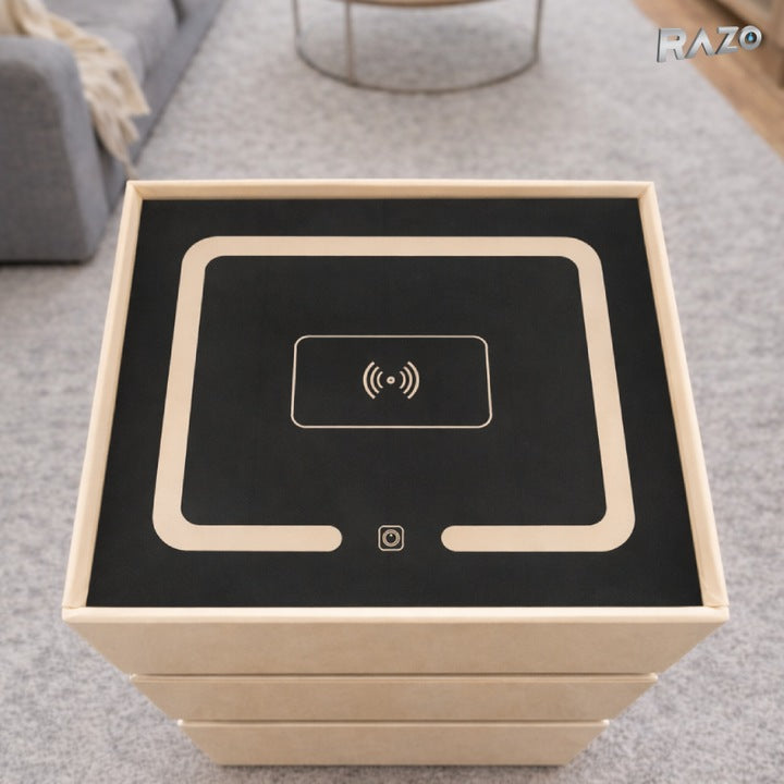 Noptiera smart multifunctionala cu led, incarcare wireless, bluetooth, 3 sertare, design modern, dim 72x50x40, Bej Caramel