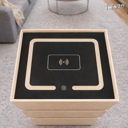 Noptiera smart multifunctionala cu led, incarcare wireless, bluetooth, 3 sertare, design modern, dim 72x50x40, Bej Caramel