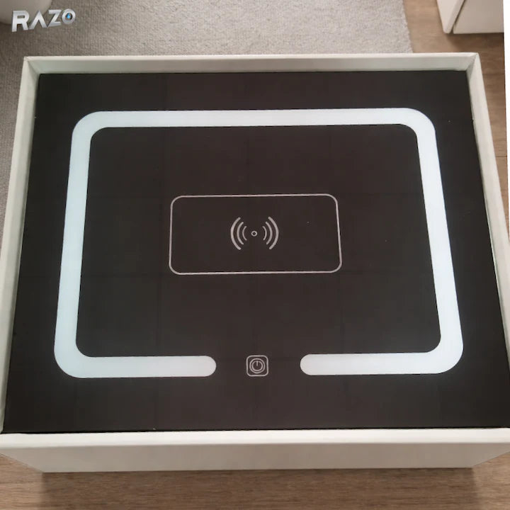 Noptiera smart multifunctionala cu led, incarcare wireless, bluetooth, 3 sertare, design modern, dim 72x50x40, Gri deschis