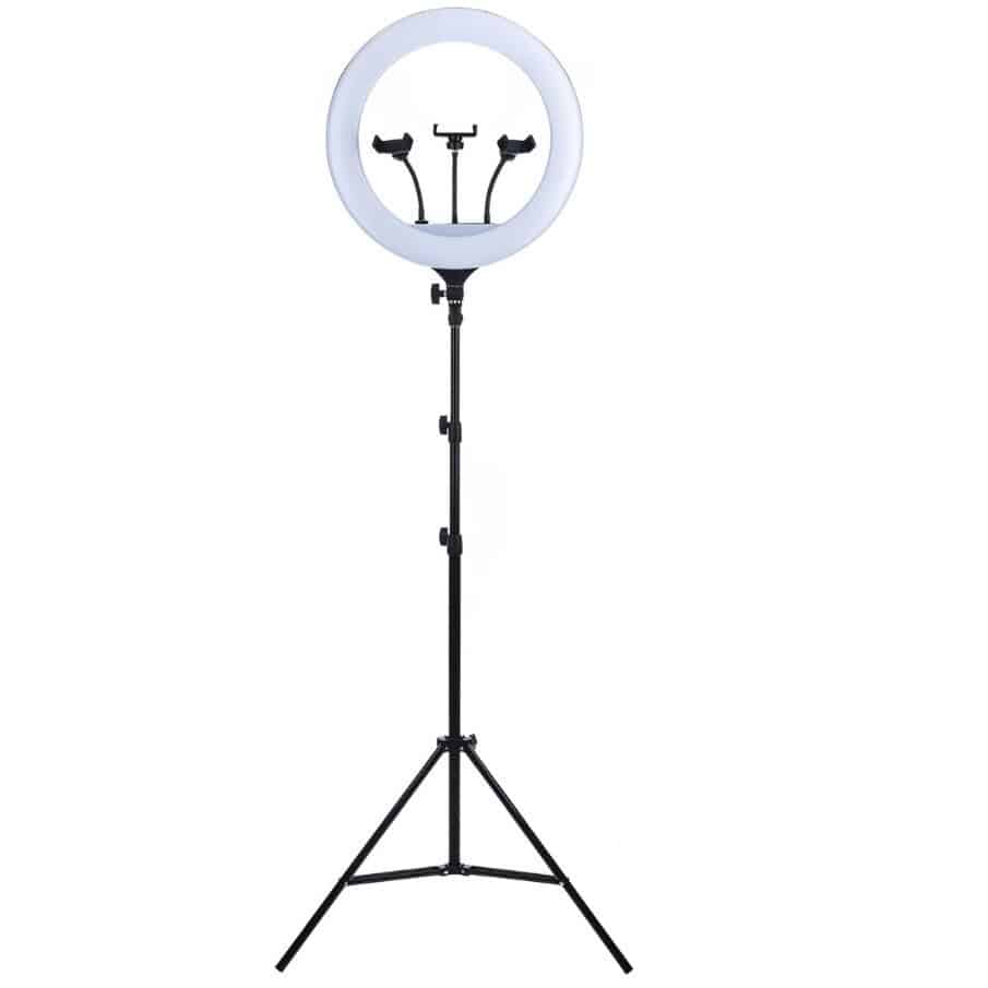 Ring light Lampa circulara LED cu trepied, 46 cm, 3 suporturi de telefon, telecomanda, alimentare