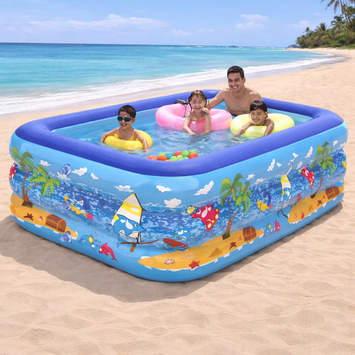 Piscina gonflabila copii, model dreptunghiular, multicolora, baza podea moale, 3 inele, intalare rapida din vinil. DIM 260x165x54