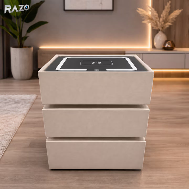 Noptiera smart multifunctionala cu led, incarcare wireless, bluetooth, 3 sertare, design modern, dim 72x50x40, Bej Caramel