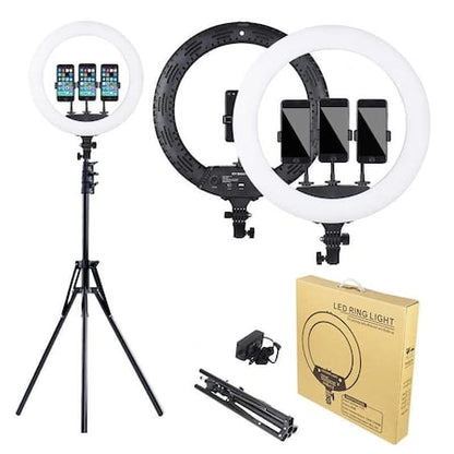 Ring light Lampa circulara LED cu trepied, 46 cm, 3 suporturi de telefon, telecomanda, alimentare
