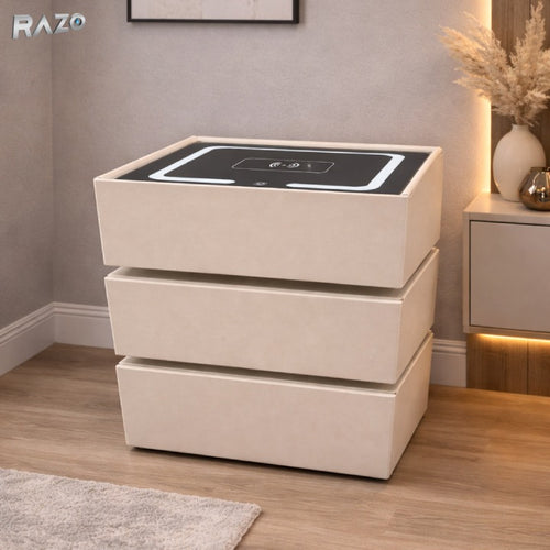Noptiera smart multifunctionala cu led, incarcare wireless, bluetooth, 3 sertare, design modern, dim 72x50x40, Bej Caramel