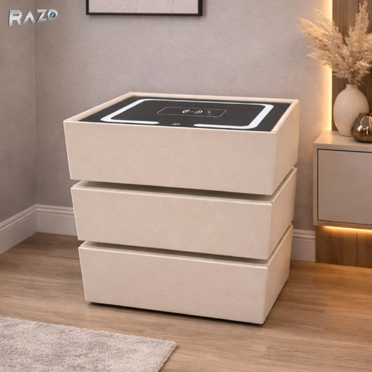 Noptiera smart multifunctionala cu led, incarcare wireless, bluetooth, 3 sertare, design modern, dim 72x50x40, Bej Caramel