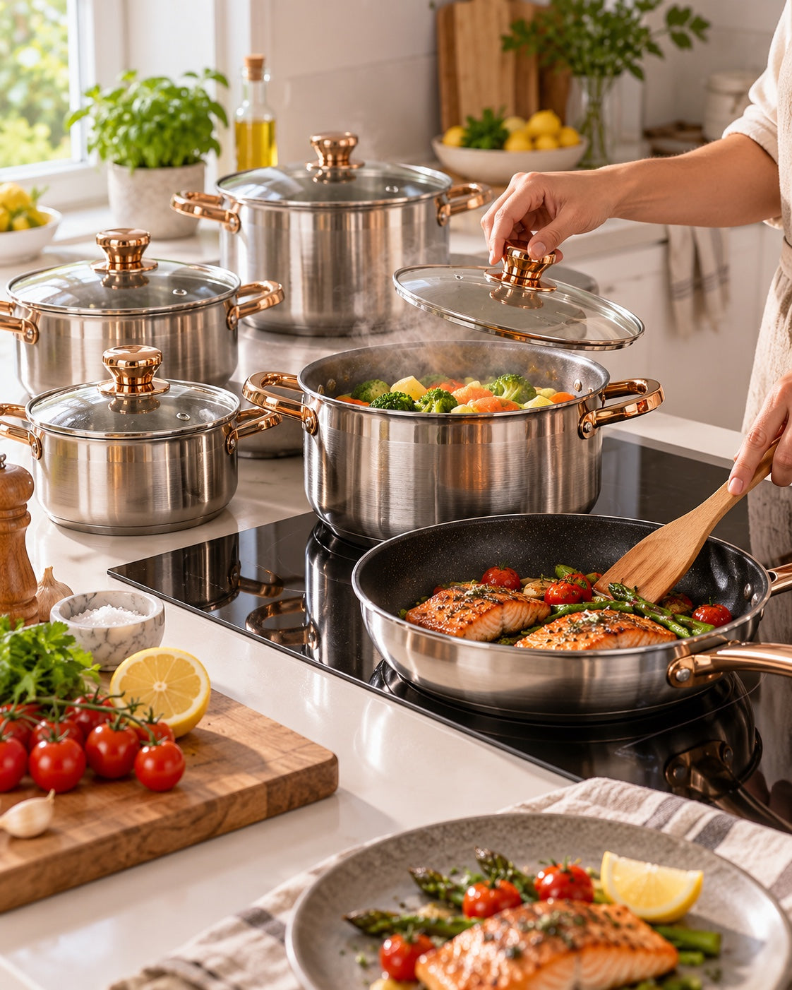Set Oale și Tigăi 12 Piese din Inox, 5 Straturi, Capace din Sticlă și Mânere Aurii