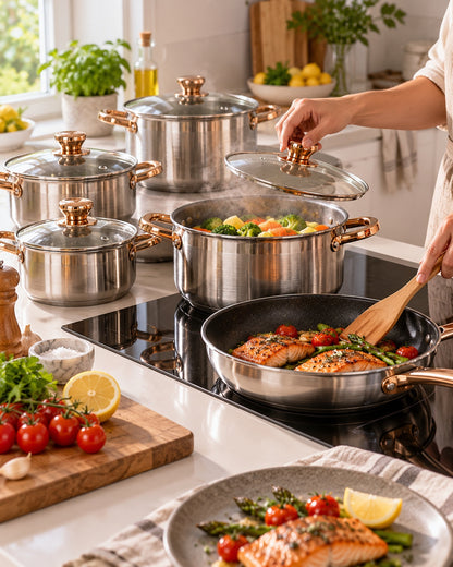 Set Oale și Tigăi 12 Piese din Inox, 5 Straturi, Capace din Sticlă și Mânere Aurii