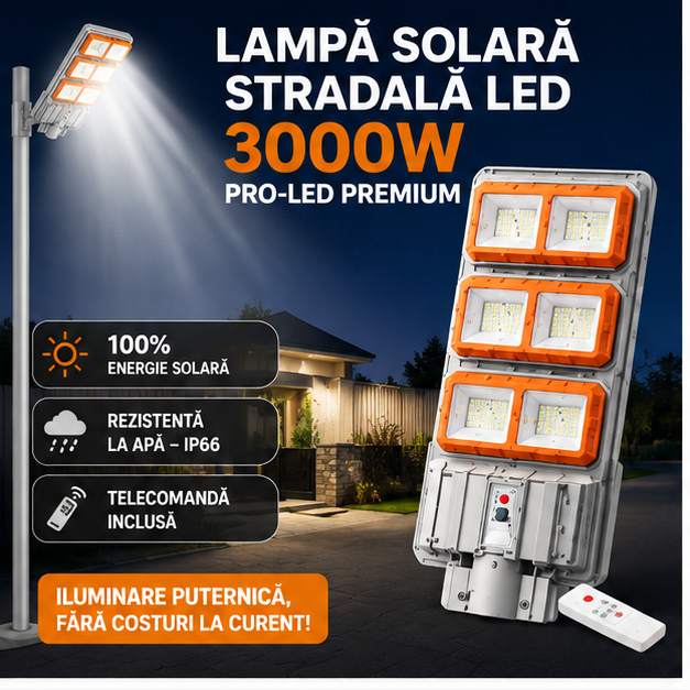 Lampă Solară Stradală PREMIUM LED 3000W – IP66, Super Puternică