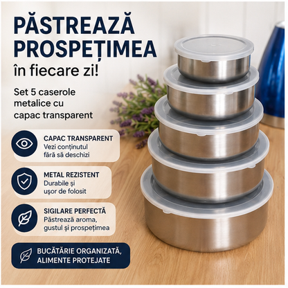 Set 5 Caserole Metalice cu Capac Transparent - Depozitare Alimentara Profesionala