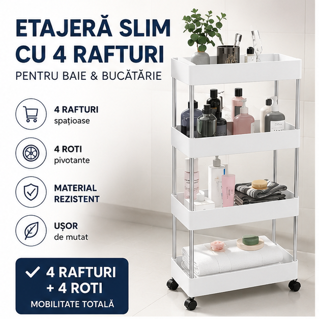 Support cuier Carucior organizator Etajera slim portabil cu 4 rafturi, alb pentru baie si bucatarie cu roti
