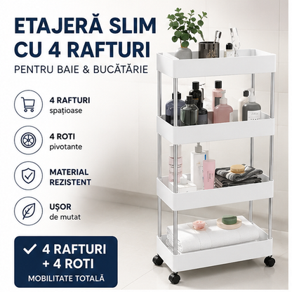 Support cuier Carucior organizator Etajera slim portabil cu 4 rafturi, alb pentru baie si bucatarie cu roti