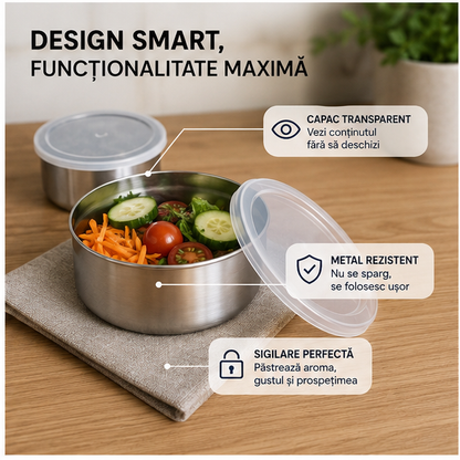 Set 5 Caserole Metalice cu Capac Transparent - Depozitare Alimentara Profesionala