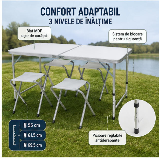 Set masă camping pliabilă cu 4 scaune jrh aluminiu ușor, reglabil pe înălțime, portabil pentru picnic, grătar, excursii, pescuit 120×60 cm