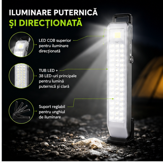 Lampa solara camping, cu suport, incarcare USB