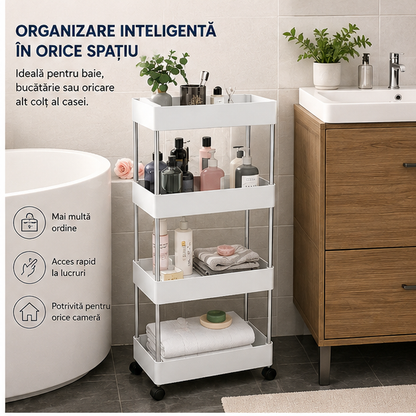 Support cuier Carucior organizator Etajera slim portabil cu 4 rafturi, alb pentru baie si bucatarie cu roti