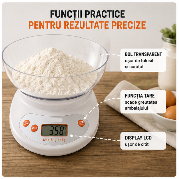 Cantar electronic de bucatarie cu bol de plastic sonashi 5kg