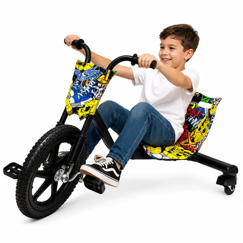 Tricicleta pentru drift, roti cu led, scaun tip cupa reglabil pedale antiderapante, capacitate max 80 kg, grafitti
