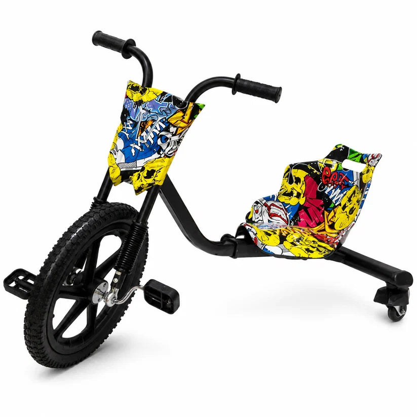 Tricicleta pentru drift, roti cu led, scaun tip cupa reglabil pedale antiderapante, capacitate max 80 kg, grafitti