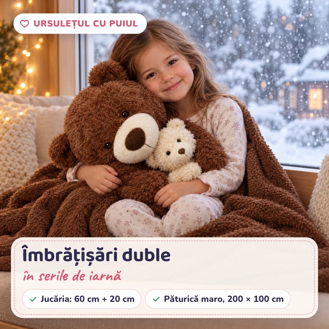 Ursulețul cu pui și păturica maro într-un decor de iarnă