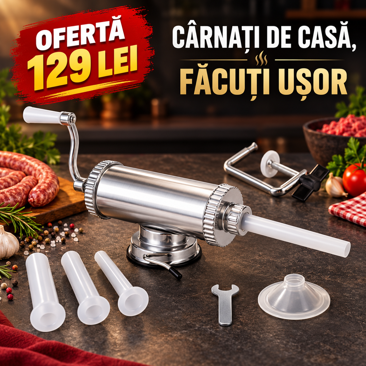 Mașină manuală Vanessa pentru umplut cârnați, oferta 129 lei