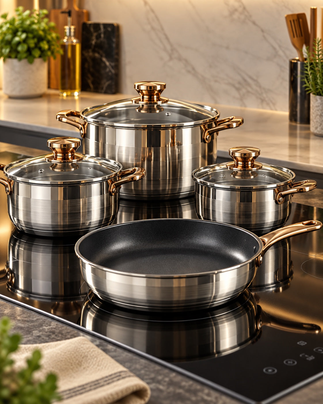 Set de vase din inox pe plită cu inducție