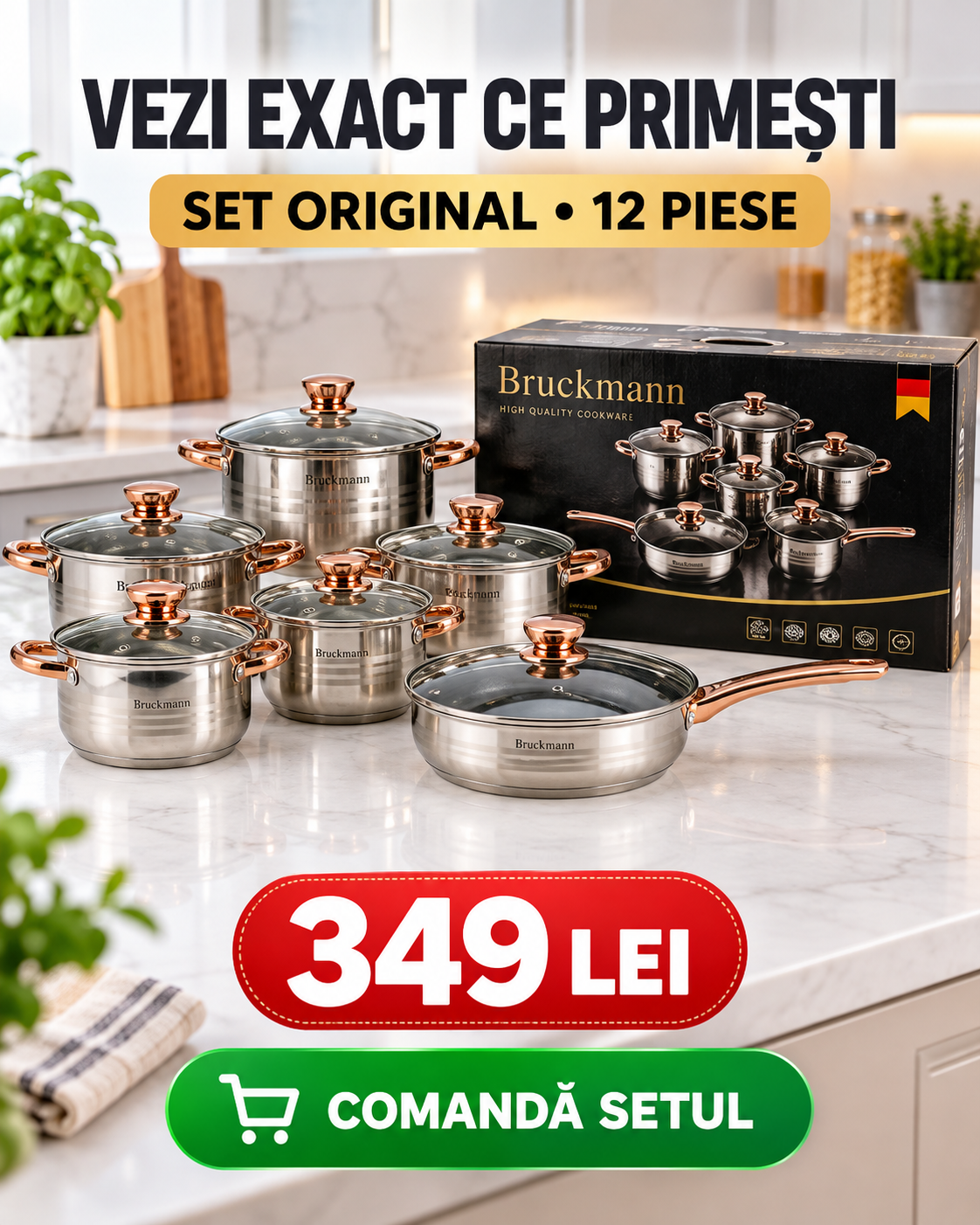 Conținutul setului de oale prezentat lângă cutia originală